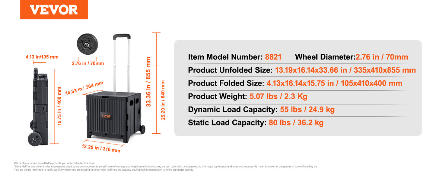 VEVOR Foldable Utility Shopping Cart Folding Portable Crate Handcart with Telescope Handle Wheels for Travel Office Garden Use