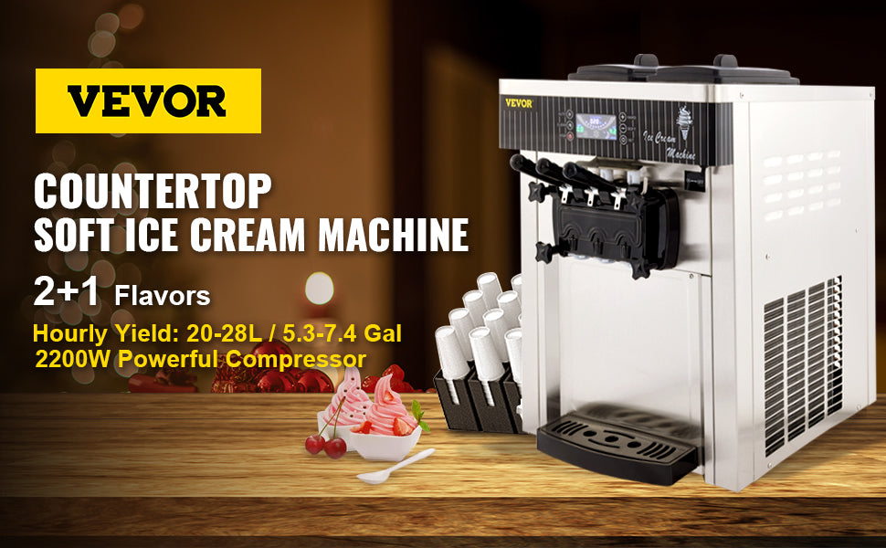 VEVOR 18-28L/H Soft Ice Cream Machines Commercial Sorbet Coolers Tricolor Desktop Sweet Cone Freezing Equipment Vending Machine