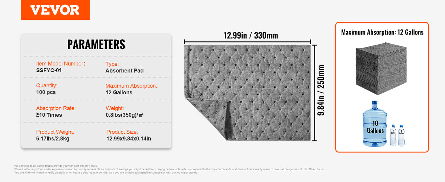 VEVOR Spill Absorbent Pads Universal Absorbing Mat Absorbs up 12 Gal Polypropylene Absorbent Pad for Oil Water and Other Liquids