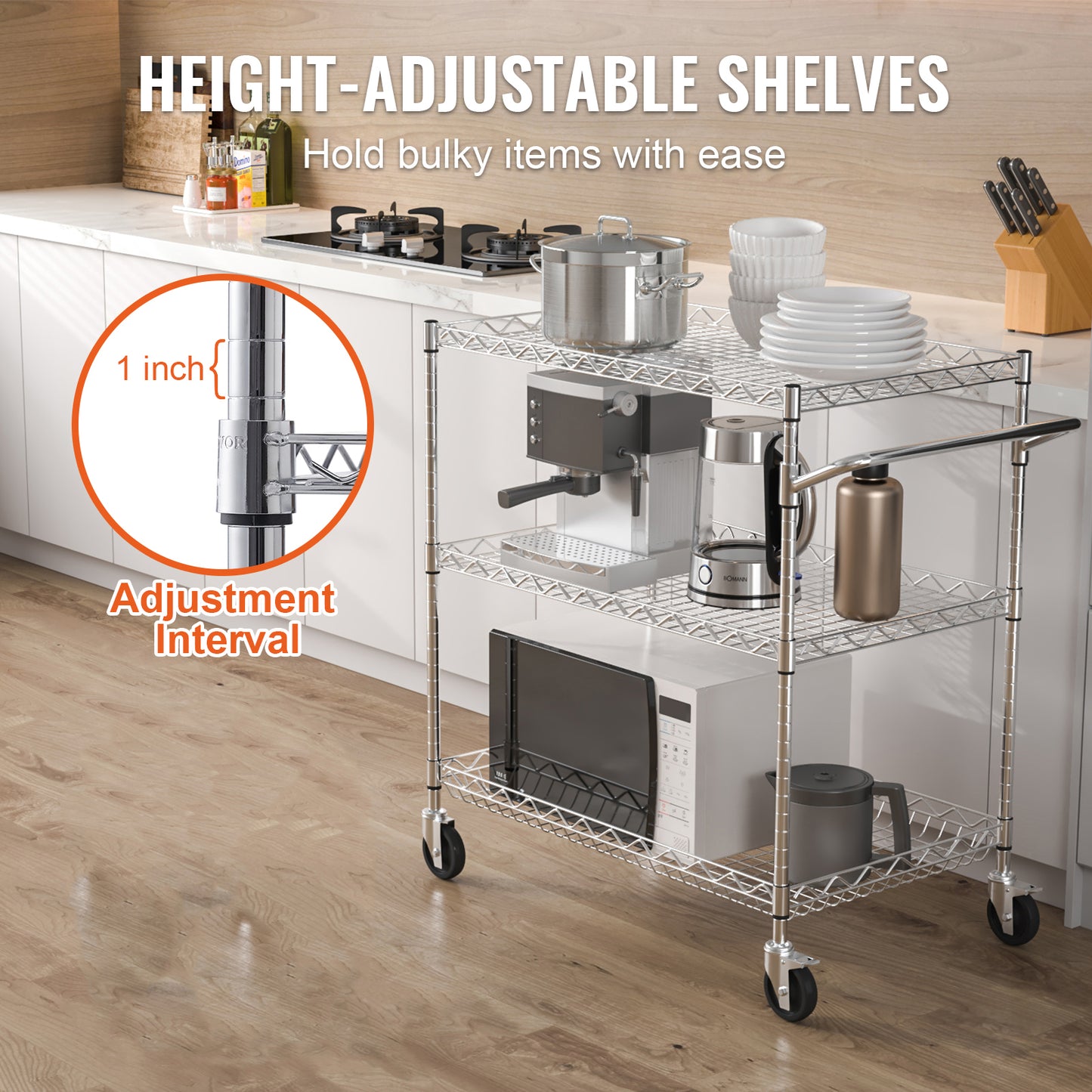 VEVOR Rolling Utility Cart 3-Tier Mobile Shelving Unit Organizer Service Cart on Wheels Metal Storage Trolley for Kitchen  Bar